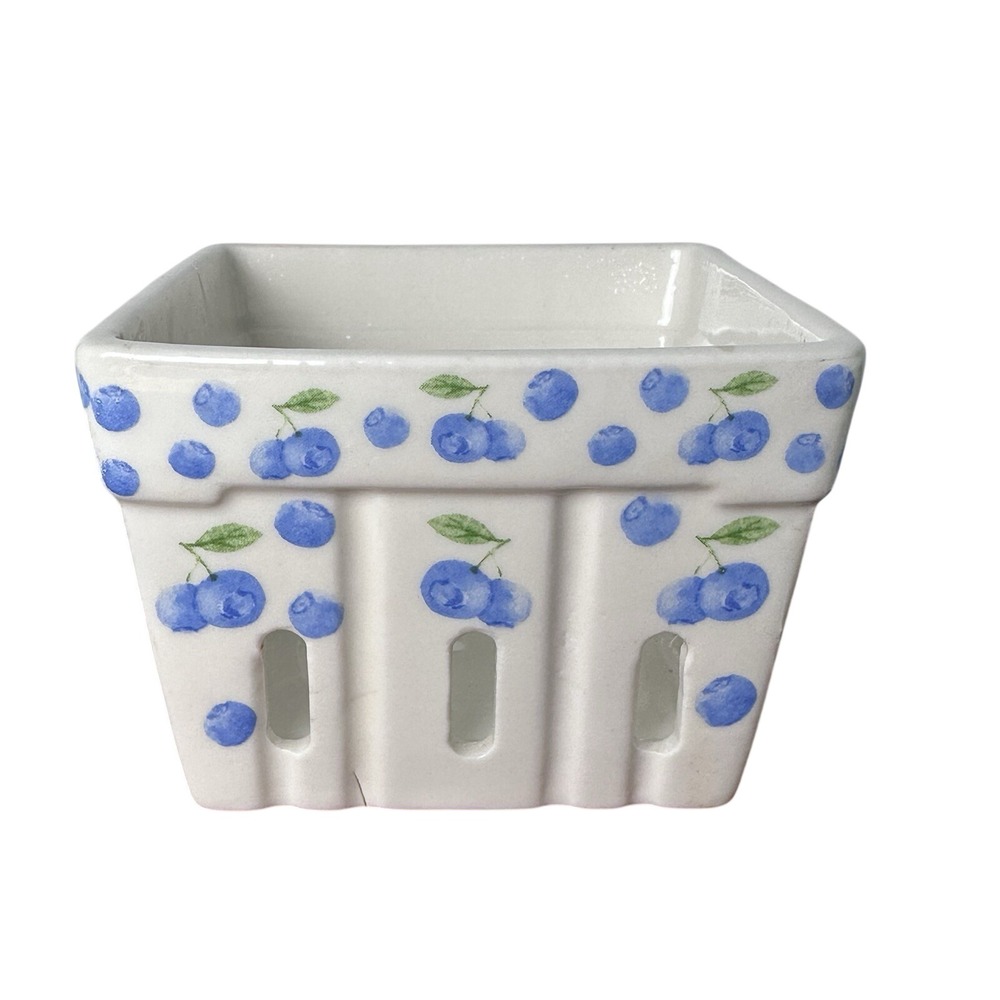 True Living Ceramic Berry Basket Holder 4.25in White Blue Blueberry Farmhouse